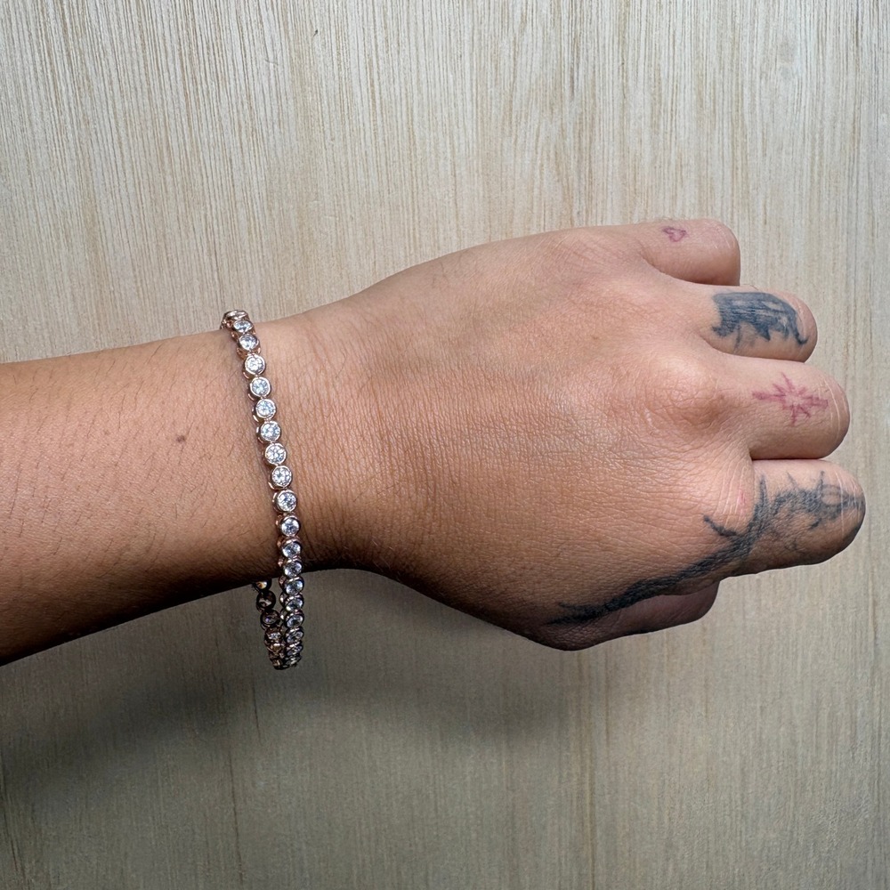 Rose Gold Tone Bezel Set Clear Crystal Tennis Bracelet Double Latch Box Clasp